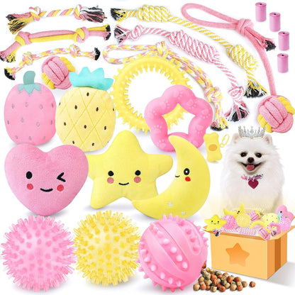 Pink Puppy Toys for Boredom - 23 Pack Puppy Chew Toys for Teething, Interactive Dog Toys for Puppies, Cute Small Dog Toys with Treat Ball, Squeaky Dog Chew Toys and Ropes