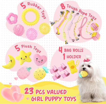 Pink Puppy Toys for Boredom - 23 Pack Puppy Chew Toys for Teething, Interactive Dog Toys for Puppies, Cute Small Dog Toys with Treat Ball, Squeaky Dog Chew Toys and Ropes