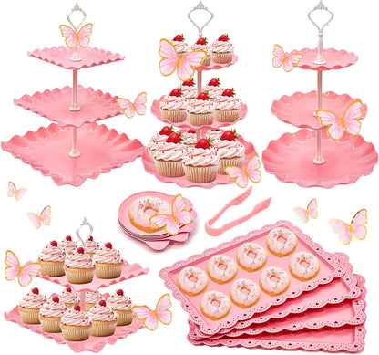 15 PCS Dessert Table Display Set Pink Cupcake Stand,3 Tiered Tray Stand Cup Cake Tower Holder, Cake Stand Serving Trays Dessert Display Stands for Tea Party Wedding Baby Shower Girl-Pink