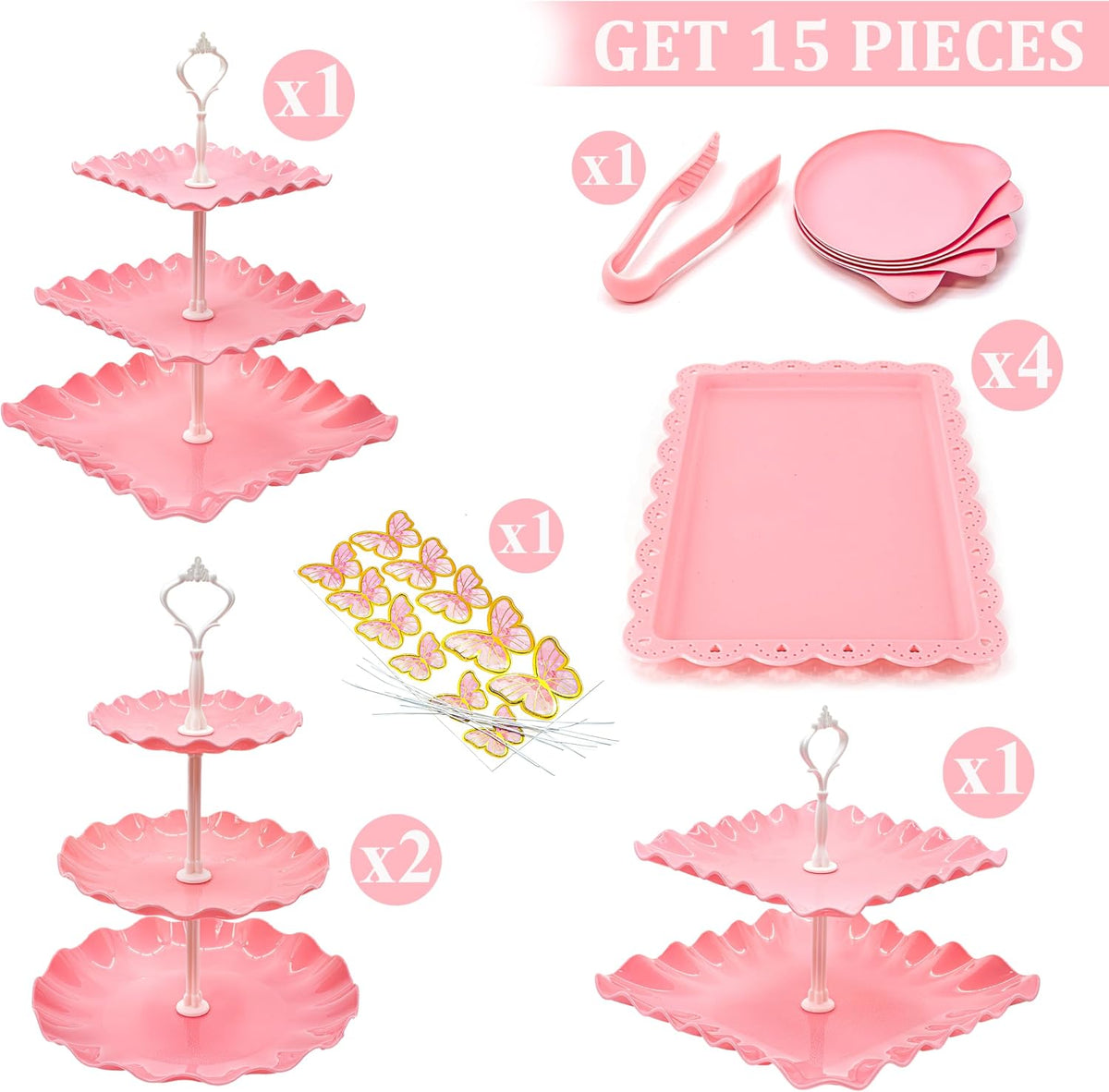 15 PCS Dessert Table Display Set Pink Cupcake Stand,3 Tiered Tray Stand Cup Cake Tower Holder, Cake Stand Serving Trays Dessert Display Stands for Tea Party Wedding Baby Shower Girl-Pink