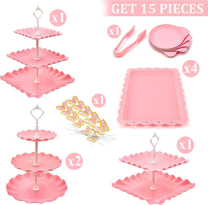 15 PCS Dessert Table Display Set Pink Cupcake Stand,3 Tiered Tray Stand Cup Cake Tower Holder, Cake Stand Serving Trays Dessert Display Stands for Tea Party Wedding Baby Shower Girl-Pink