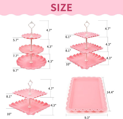 15 PCS Dessert Table Display Set Pink Cupcake Stand,3 Tiered Tray Stand Cup Cake Tower Holder, Cake Stand Serving Trays Dessert Display Stands for Tea Party Wedding Baby Shower Girl-Pink