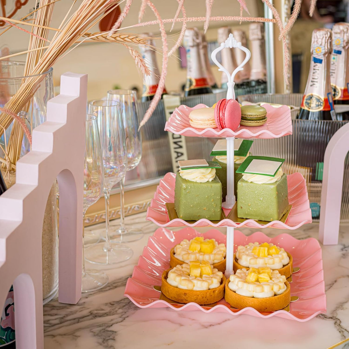 15 PCS Dessert Table Display Set Pink Cupcake Stand,3 Tiered Tray Stand Cup Cake Tower Holder, Cake Stand Serving Trays Dessert Display Stands for Tea Party Wedding Baby Shower Girl-Pink