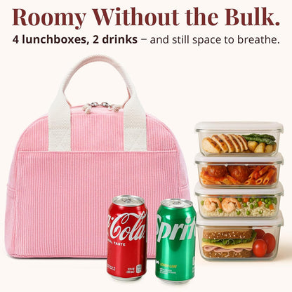 Lunch Box for Women, Pink Corduroy Insulated Lunch Bag