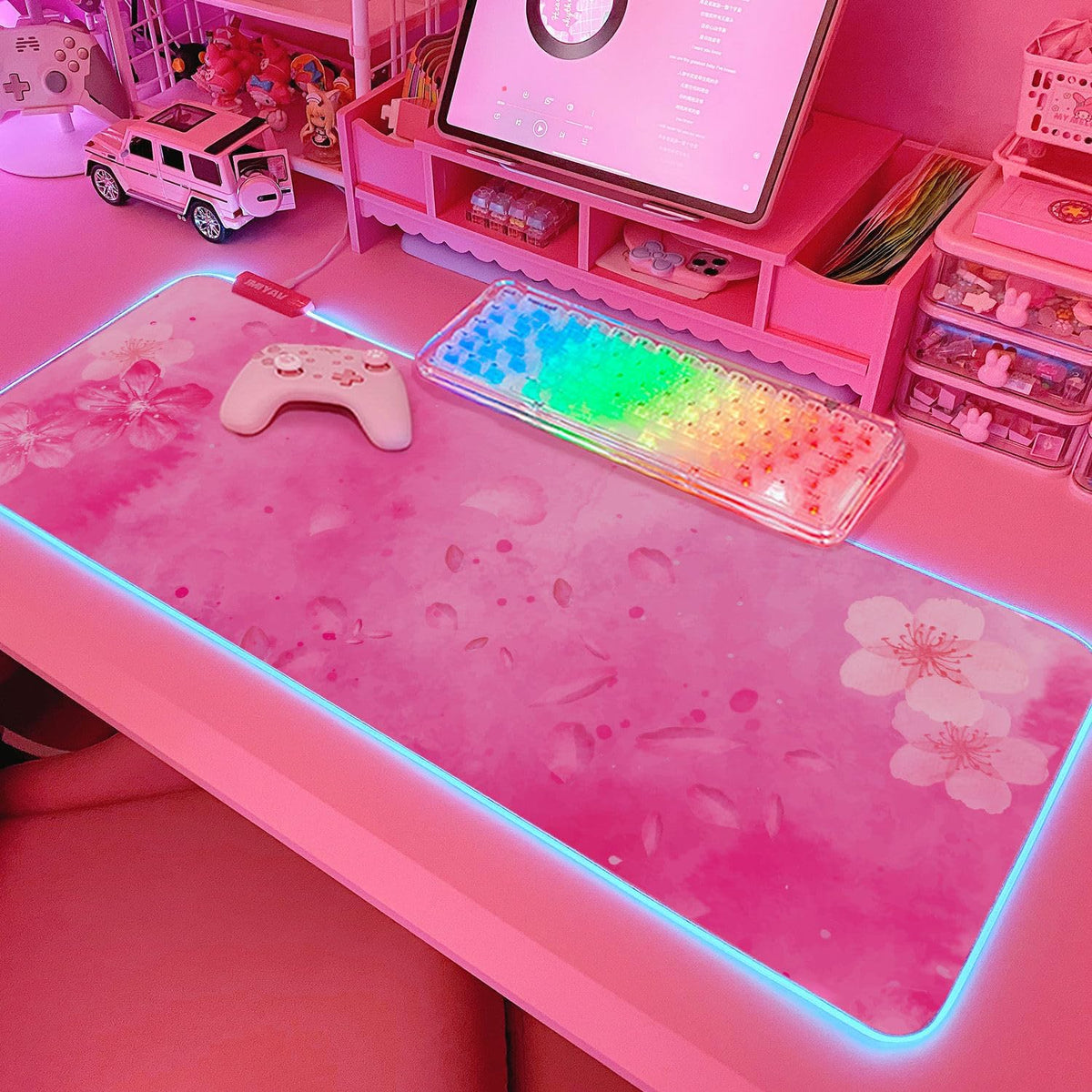 RGB Cherry Blossom Gaming Mouse Pad Pink 31.5x12 Inch PC XL Large Extended Glowing Led Light Up Desk Pad Non-Slip Rubber Base Computer Keyboard and Mouse Pad Cute Mousepad