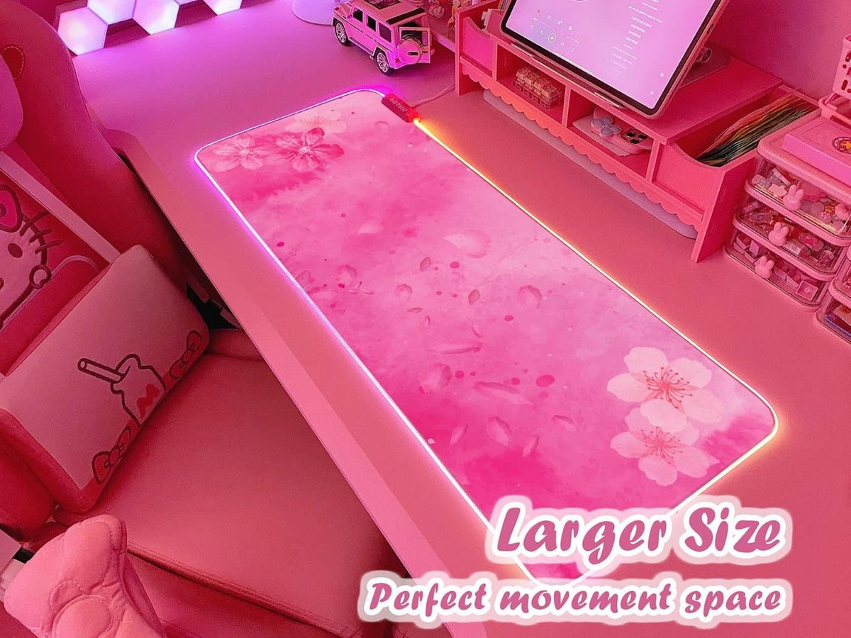 RGB Cherry Blossom Gaming Mouse Pad Pink 31.5x12 Inch PC XL Large Extended Glowing Led Light Up Desk Pad Non-Slip Rubber Base Computer Keyboard and Mouse Pad Cute Mousepad