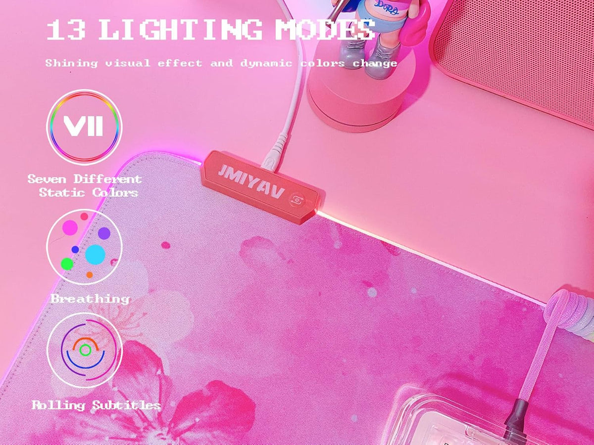 RGB Cherry Blossom Gaming Mouse Pad Pink 31.5x12 Inch PC XL Large Extended Glowing Led Light Up Desk Pad Non-Slip Rubber Base Computer Keyboard and Mouse Pad Cute Mousepad