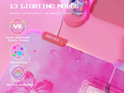 RGB Cherry Blossom Gaming Mouse Pad Pink 31.5x12 Inch PC XL Large Extended Glowing Led Light Up Desk Pad Non-Slip Rubber Base Computer Keyboard and Mouse Pad Cute Mousepad