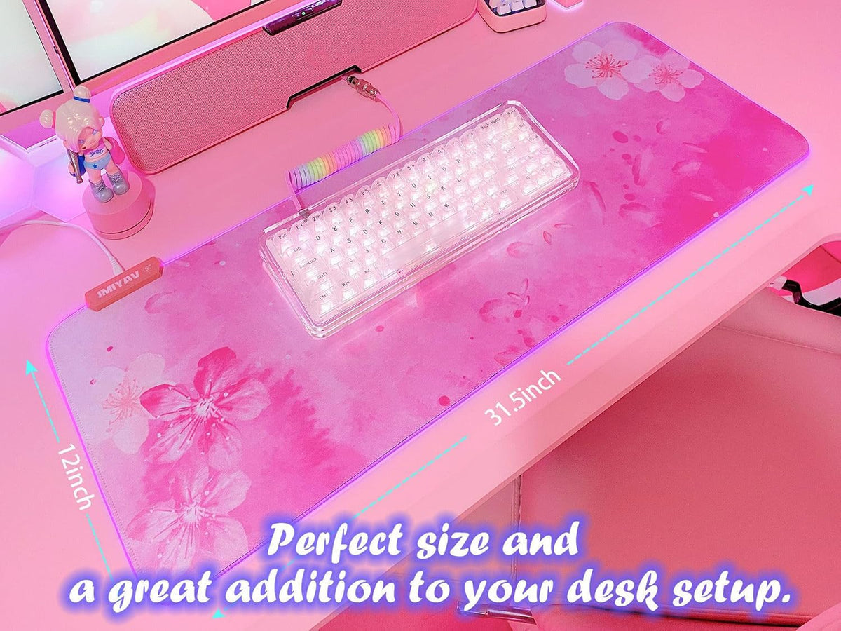 RGB Cherry Blossom Gaming Mouse Pad Pink 31.5x12 Inch PC XL Large Extended Glowing Led Light Up Desk Pad Non-Slip Rubber Base Computer Keyboard and Mouse Pad Cute Mousepad