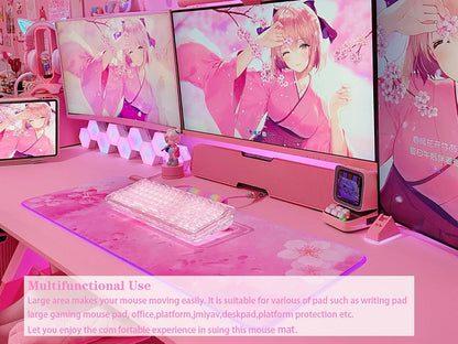 RGB Cherry Blossom Gaming Mouse Pad Pink 31.5x12 Inch PC XL Large Extended Glowing Led Light Up Desk Pad Non-Slip Rubber Base Computer Keyboard and Mouse Pad Cute Mousepad