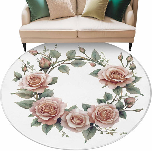 Retro Flower Large Round Rug 8 FT, Non Slip Living Room Area Carpet, Pastoral Pastel Pink Rose Floral Leaf Washable Soft Circle Rug Non-Shedding Floor Carpet for Bedroom Office Dining Room