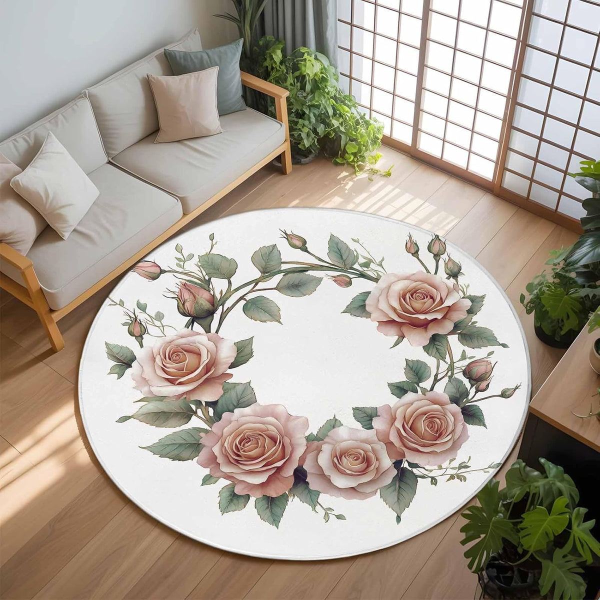 Retro Flower Large Round Rug 8 FT, Non Slip Living Room Area Carpet, Pastoral Pastel Pink Rose Floral Leaf Washable Soft Circle Rug Non-Shedding Floor Carpet for Bedroom Office Dining Room