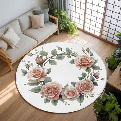 Retro Flower Large Round Rug 8 FT, Non Slip Living Room Area Carpet, Pastoral Pastel Pink Rose Floral Leaf Washable Soft Circle Rug Non-Shedding Floor Carpet for Bedroom Office Dining Room