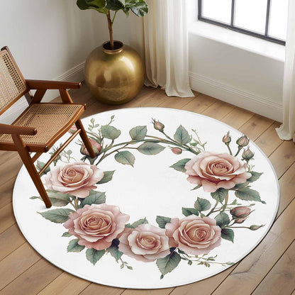 Retro Flower Large Round Rug 8 FT, Non Slip Living Room Area Carpet, Pastoral Pastel Pink Rose Floral Leaf Washable Soft Circle Rug Non-Shedding Floor Carpet for Bedroom Office Dining Room