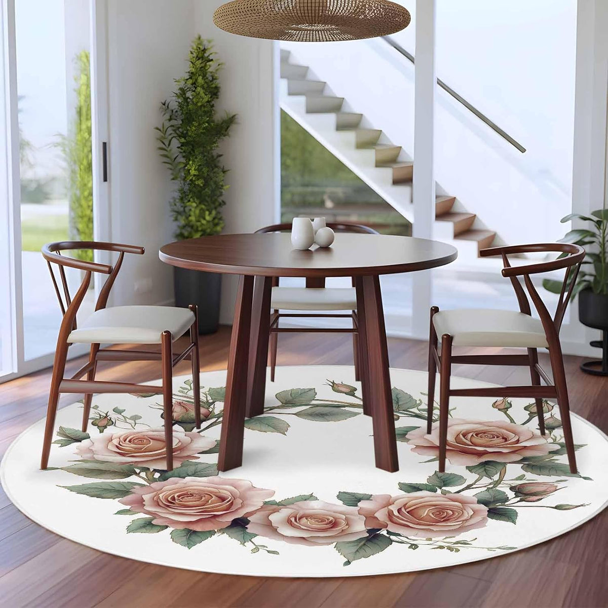 Retro Flower Large Round Rug 8 FT, Non Slip Living Room Area Carpet, Pastoral Pastel Pink Rose Floral Leaf Washable Soft Circle Rug Non-Shedding Floor Carpet for Bedroom Office Dining Room