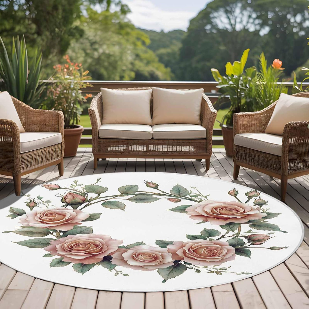 Retro Flower Large Round Rug 8 FT, Non Slip Living Room Area Carpet, Pastoral Pastel Pink Rose Floral Leaf Washable Soft Circle Rug Non-Shedding Floor Carpet for Bedroom Office Dining Room