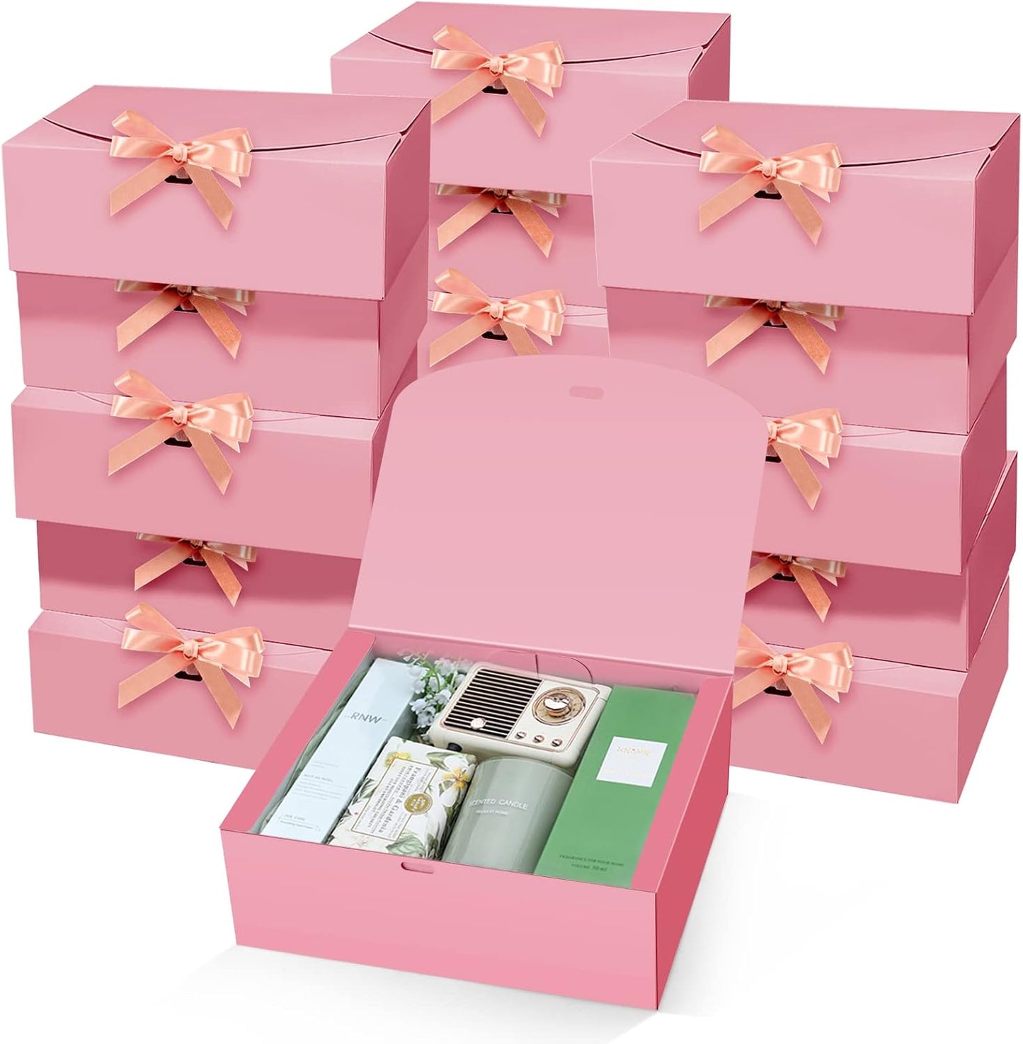 PEKGRIL 15 PCs Gift Boxes with Lids, Pink 10X8X4 Inch Gift Boxes, Bridesmaid Proposal Box with Ribbon, Kraft Paper Boxes for Wedding, Packaging, Present, Birthday, Christmas, Party