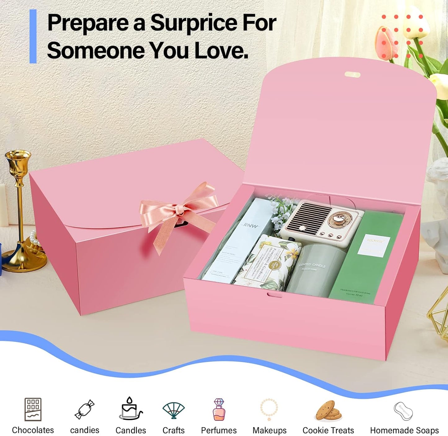 PEKGRIL 15 PCs Gift Boxes with Lids, Pink 10X8X4 Inch Gift Boxes, Bridesmaid Proposal Box with Ribbon, Kraft Paper Boxes for Wedding, Packaging, Present, Birthday, Christmas, Party