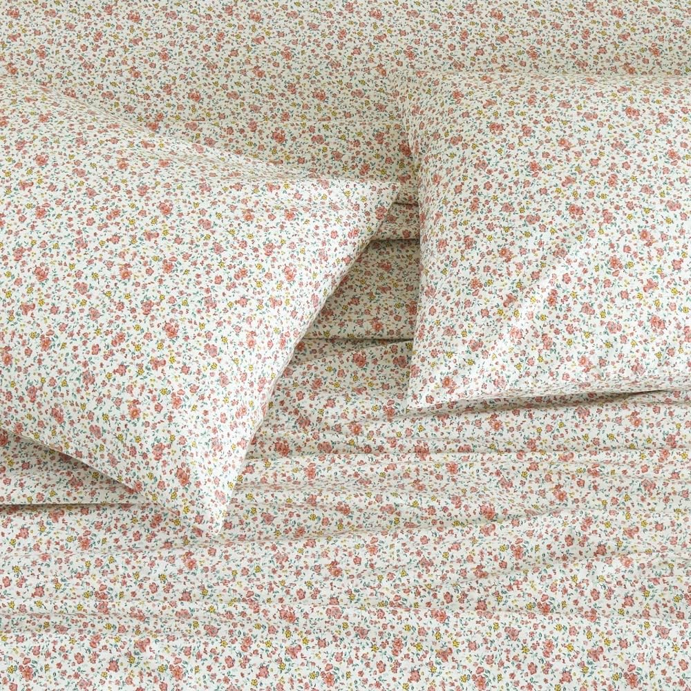 100% Cotton Bedding Printed Sheets Set for Full Size Bed Up to 14" Deep Mattress, Ditsy Floral Pattern Bedlinen Sets, Pink