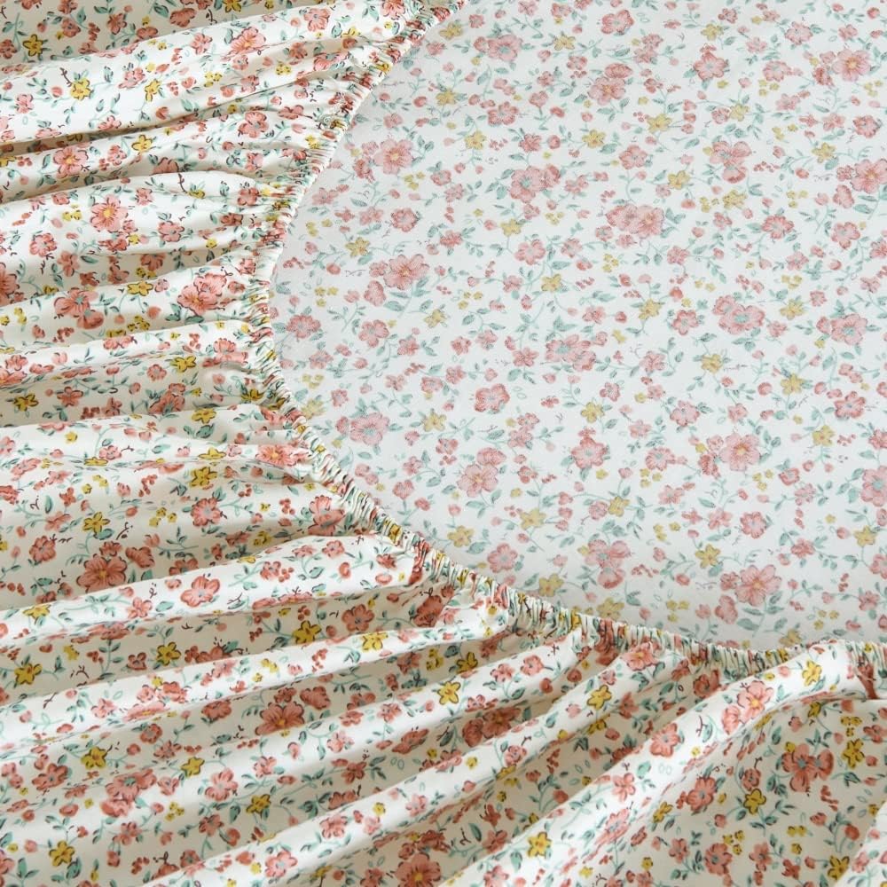 100% Cotton Bedding Printed Sheets Set for Full Size Bed Up to 14" Deep Mattress, Ditsy Floral Pattern Bedlinen Sets, Pink