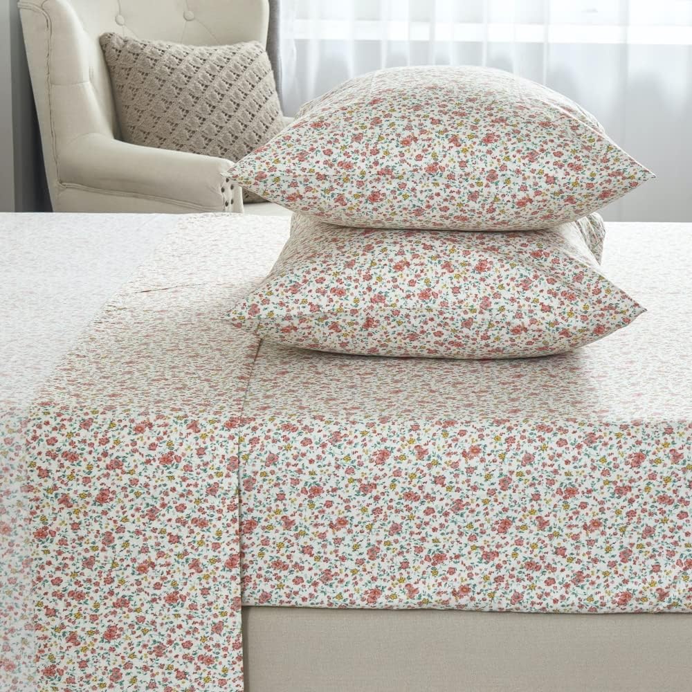 100% Cotton Bedding Printed Sheets Set for Full Size Bed Up to 14" Deep Mattress, Ditsy Floral Pattern Bedlinen Sets, Pink