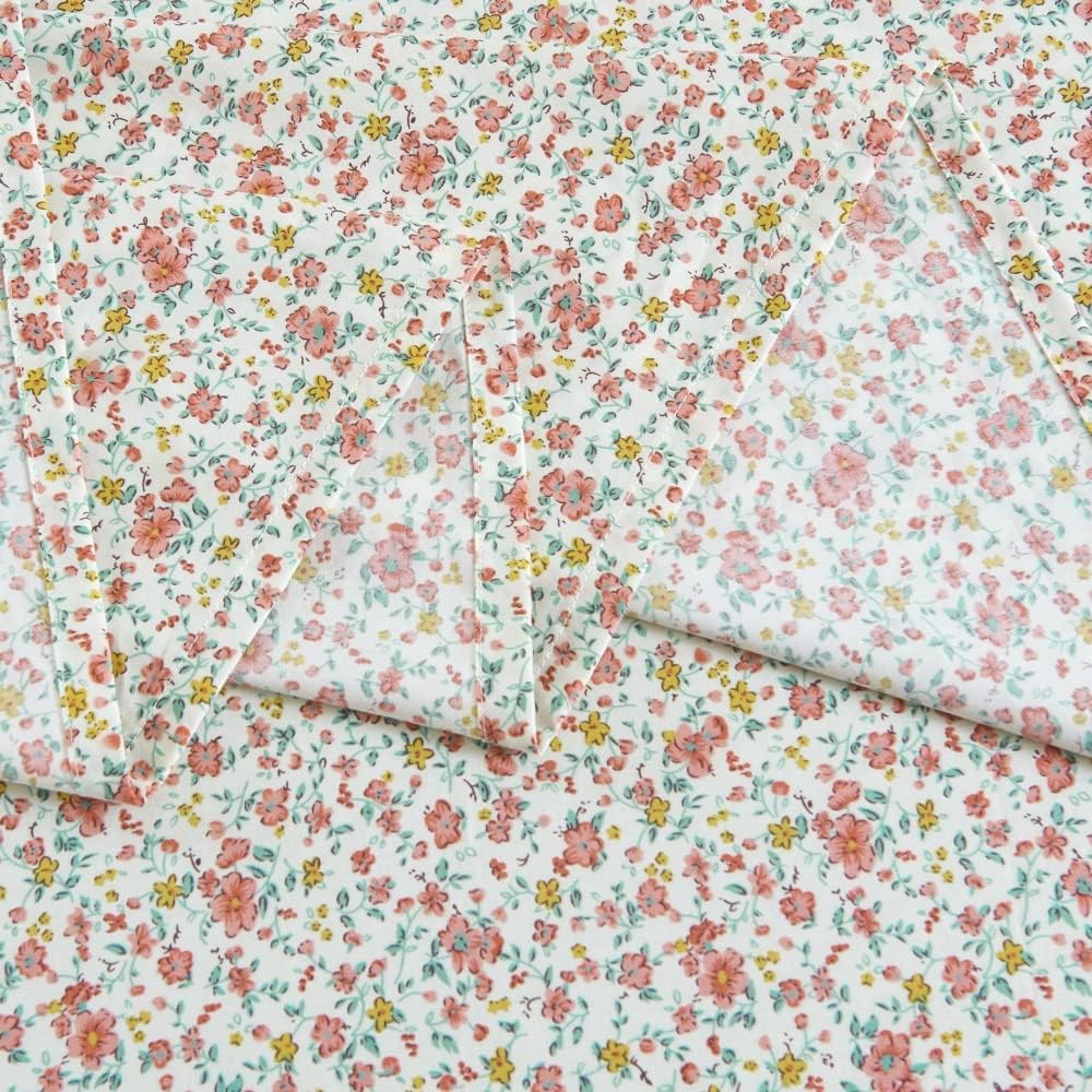 100% Cotton Bedding Printed Sheets Set for Full Size Bed Up to 14" Deep Mattress, Ditsy Floral Pattern Bedlinen Sets, Pink