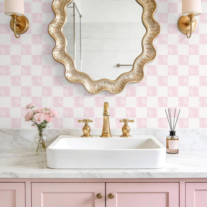 Soft Pink Checkered Peel and Stick Wallpaper 17.7''x118'' Pastel Blush Checkerboard Contact Paper for Cabinets Walls Removable Self Adhesive Girly Wallpaper for Bedroom Nursery Bathroom Vanity