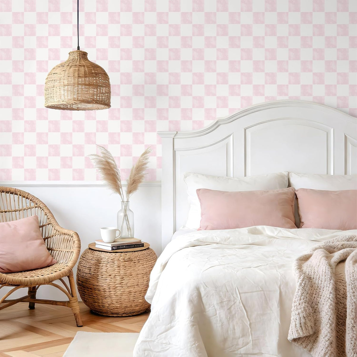 Soft Pink Checkered Peel and Stick Wallpaper 17.7''x118'' Pastel Blush Checkerboard Contact Paper for Cabinets Walls Removable Self Adhesive Girly Wallpaper for Bedroom Nursery Bathroom Vanity