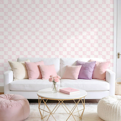 Soft Pink Checkered Peel and Stick Wallpaper 17.7''x118'' Pastel Blush Checkerboard Contact Paper for Cabinets Walls Removable Self Adhesive Girly Wallpaper for Bedroom Nursery Bathroom Vanity