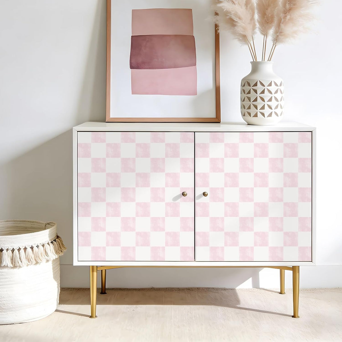 Soft Pink Checkered Peel and Stick Wallpaper 17.7''x118'' Pastel Blush Checkerboard Contact Paper for Cabinets Walls Removable Self Adhesive Girly Wallpaper for Bedroom Nursery Bathroom Vanity