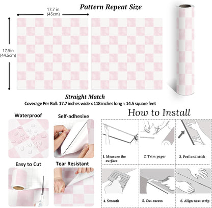 Soft Pink Checkered Peel and Stick Wallpaper 17.7''x118'' Pastel Blush Checkerboard Contact Paper for Cabinets Walls Removable Self Adhesive Girly Wallpaper for Bedroom Nursery Bathroom Vanity
