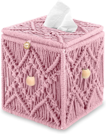 Handmade Tissue Box Cover Decorative Macrame Boho Square Tissue Holder Cotton Rope Woven Napkin Facial Paper Organizer Bohemian Desk Storage Container with Buckle Wood Beads (Pink)