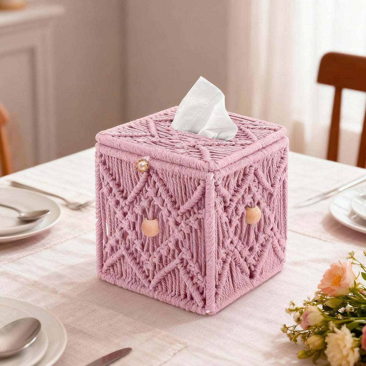 Handmade Tissue Box Cover Decorative Macrame Boho Square Tissue Holder Cotton Rope Woven Napkin Facial Paper Organizer Bohemian Desk Storage Container with Buckle Wood Beads (Pink)