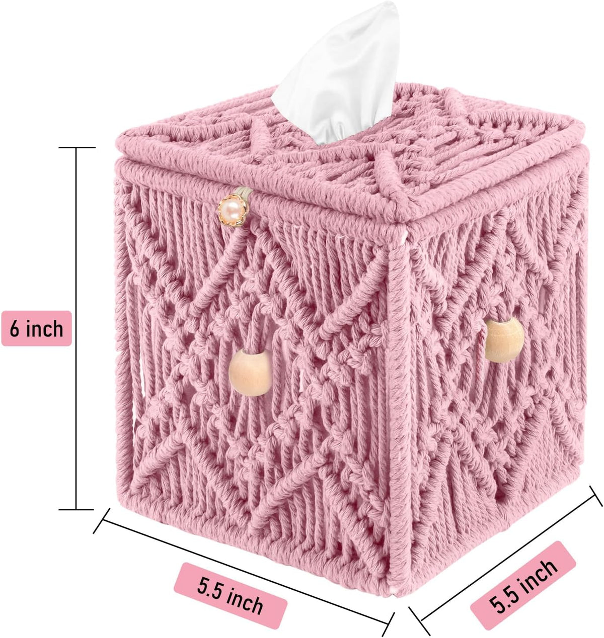 Handmade Tissue Box Cover Decorative Macrame Boho Square Tissue Holder Cotton Rope Woven Napkin Facial Paper Organizer Bohemian Desk Storage Container with Buckle Wood Beads (Pink)