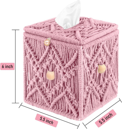 Handmade Tissue Box Cover Decorative Macrame Boho Square Tissue Holder Cotton Rope Woven Napkin Facial Paper Organizer Bohemian Desk Storage Container with Buckle Wood Beads (Pink)