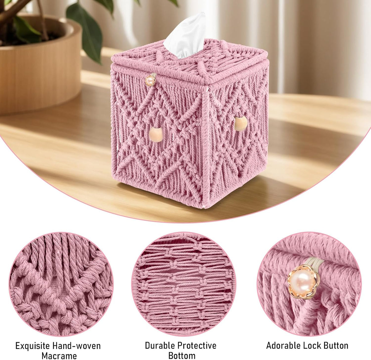 Handmade Tissue Box Cover Decorative Macrame Boho Square Tissue Holder Cotton Rope Woven Napkin Facial Paper Organizer Bohemian Desk Storage Container with Buckle Wood Beads (Pink)