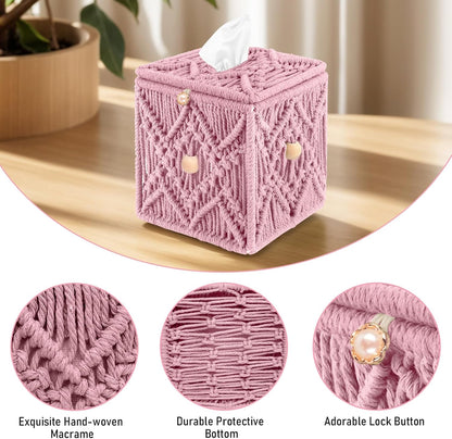 Handmade Tissue Box Cover Decorative Macrame Boho Square Tissue Holder Cotton Rope Woven Napkin Facial Paper Organizer Bohemian Desk Storage Container with Buckle Wood Beads (Pink)