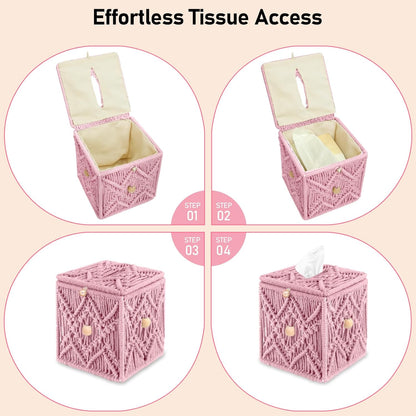 Handmade Tissue Box Cover Decorative Macrame Boho Square Tissue Holder Cotton Rope Woven Napkin Facial Paper Organizer Bohemian Desk Storage Container with Buckle Wood Beads (Pink)