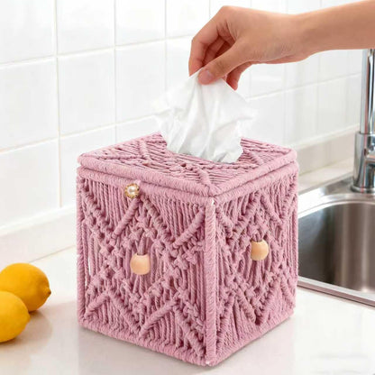 Handmade Tissue Box Cover Decorative Macrame Boho Square Tissue Holder Cotton Rope Woven Napkin Facial Paper Organizer Bohemian Desk Storage Container with Buckle Wood Beads (Pink)