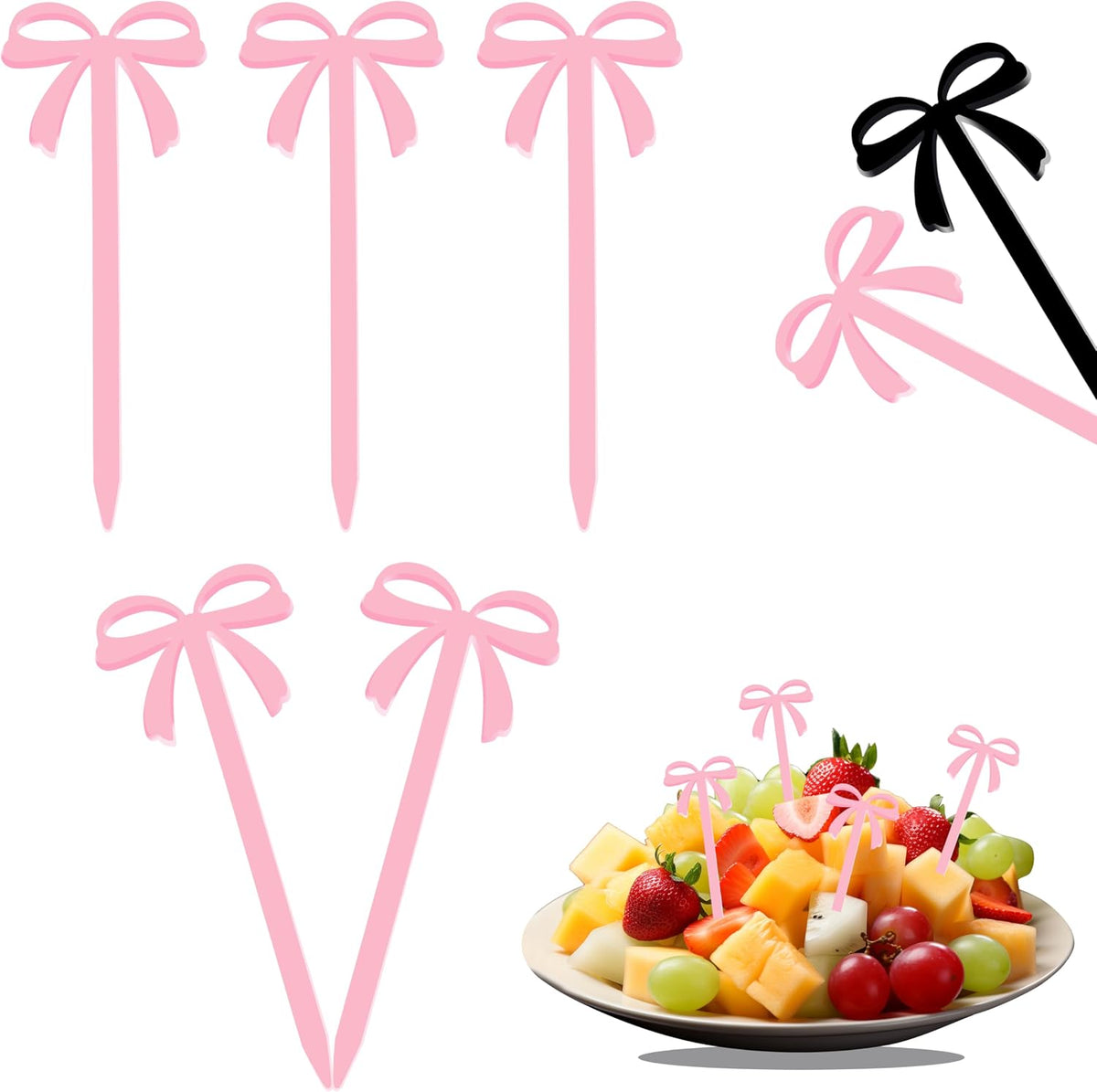 Pink Bow Cocktail Picks 20PCS Cute Fruit Skewers Fancy Toothpicks for Appetizers Drinks Sandwich Cupcake Dessert Food Bowknot Sticks for Coquette Birthday Party Decorations (Pink)