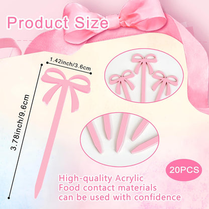 Pink Bow Cocktail Picks 20PCS Cute Fruit Skewers Fancy Toothpicks for Appetizers Drinks Sandwich Cupcake Dessert Food Bowknot Sticks for Coquette Birthday Party Decorations (Pink)