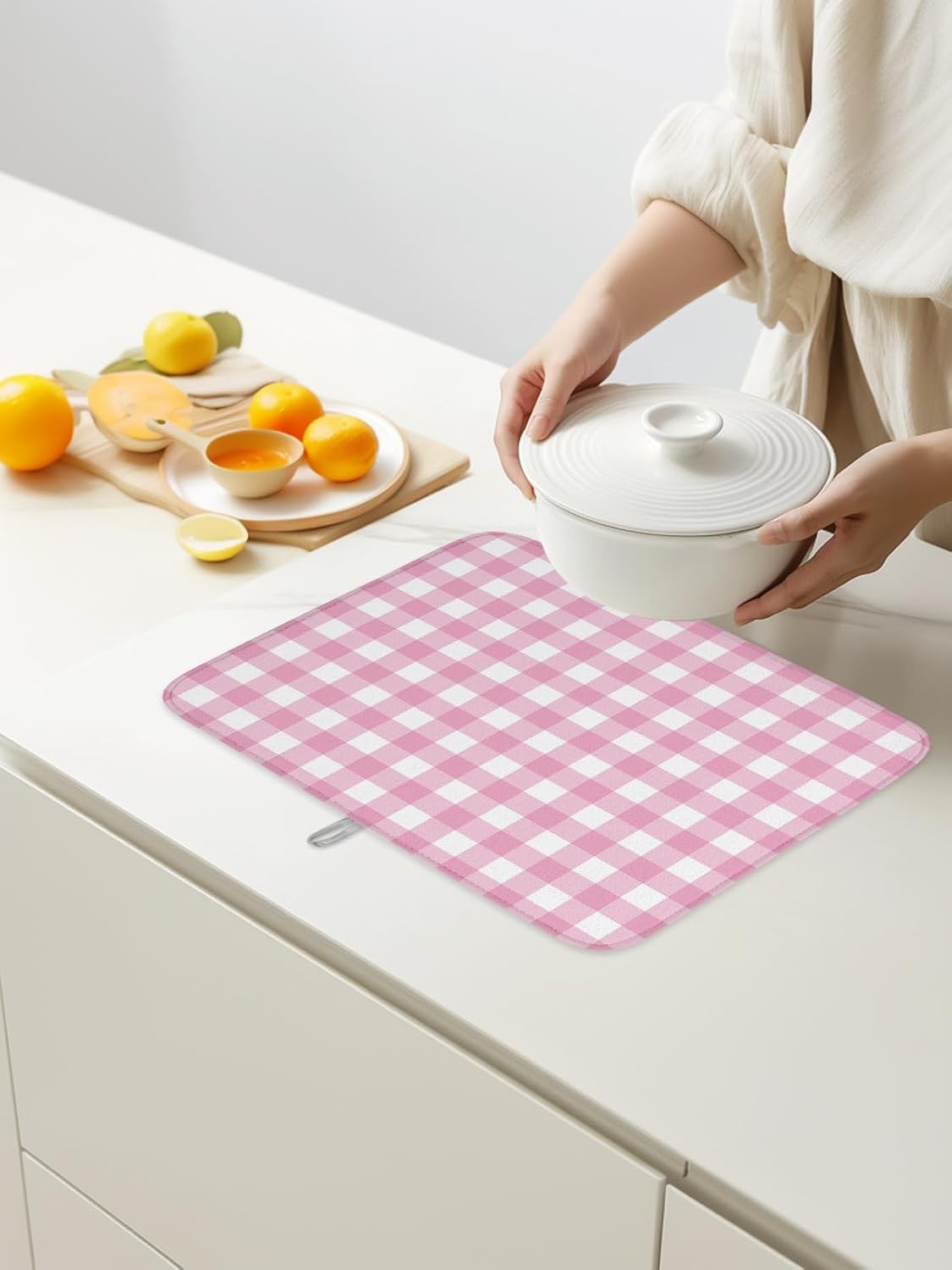 Dish Drying Mat for Kitchen Counter,Minimalist Pink Buffalo Lattice Absorbent Microfiber Drainer Rack Pad Romantic Checker Plaid Quick Dry Mat for Sinks Dishes Utensils 16x18in,1 Pack