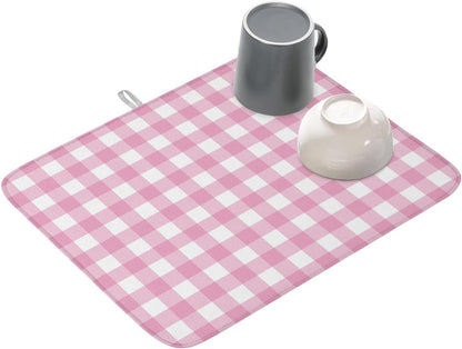 Dish Drying Mat for Kitchen Counter,Minimalist Pink Buffalo Lattice Absorbent Microfiber Drainer Rack Pad Romantic Checker Plaid Quick Dry Mat for Sinks Dishes Utensils 16x18in,1 Pack