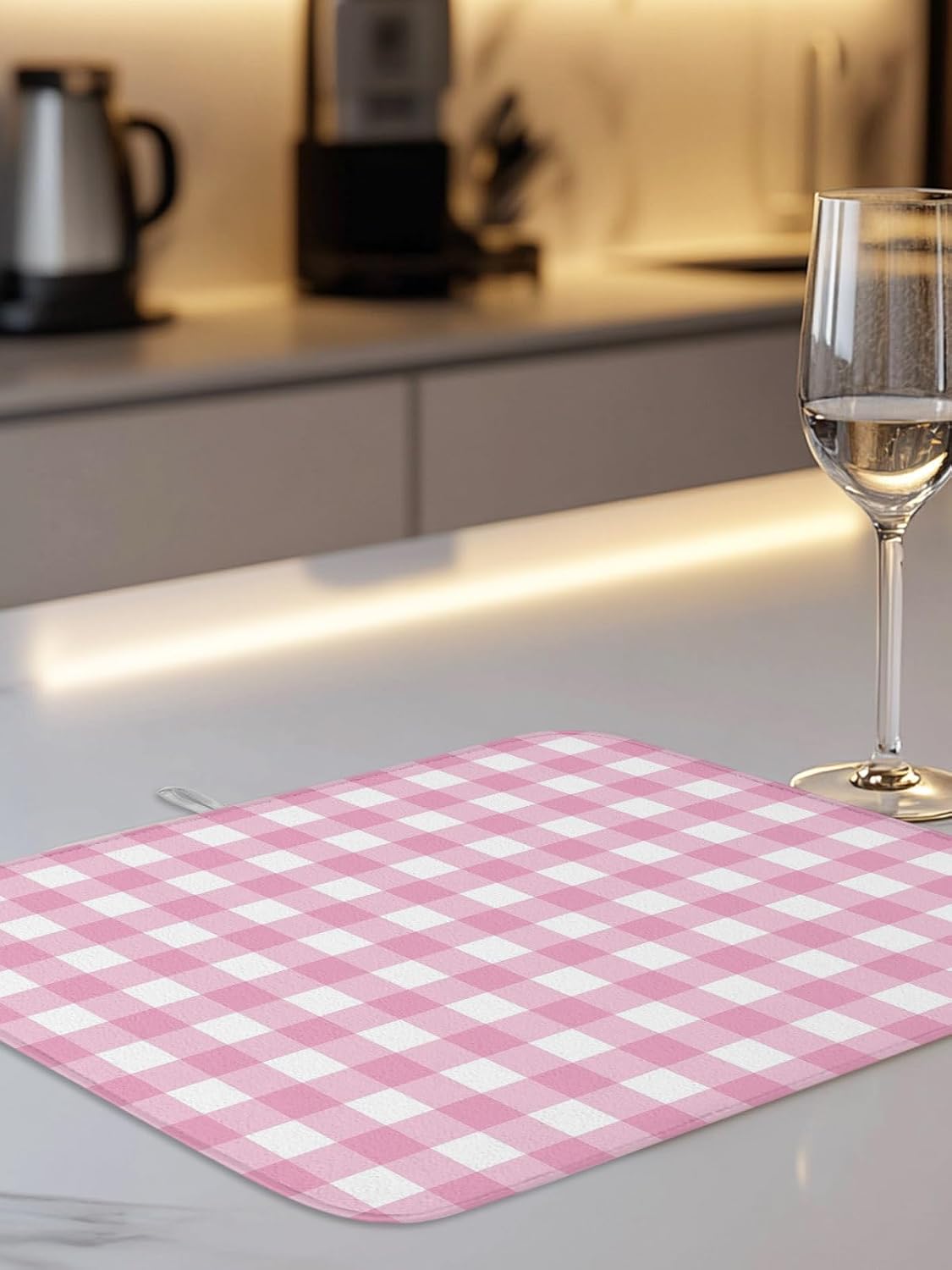 Dish Drying Mat for Kitchen Counter,Minimalist Pink Buffalo Lattice Absorbent Microfiber Drainer Rack Pad Romantic Checker Plaid Quick Dry Mat for Sinks Dishes Utensils 16x18in,1 Pack