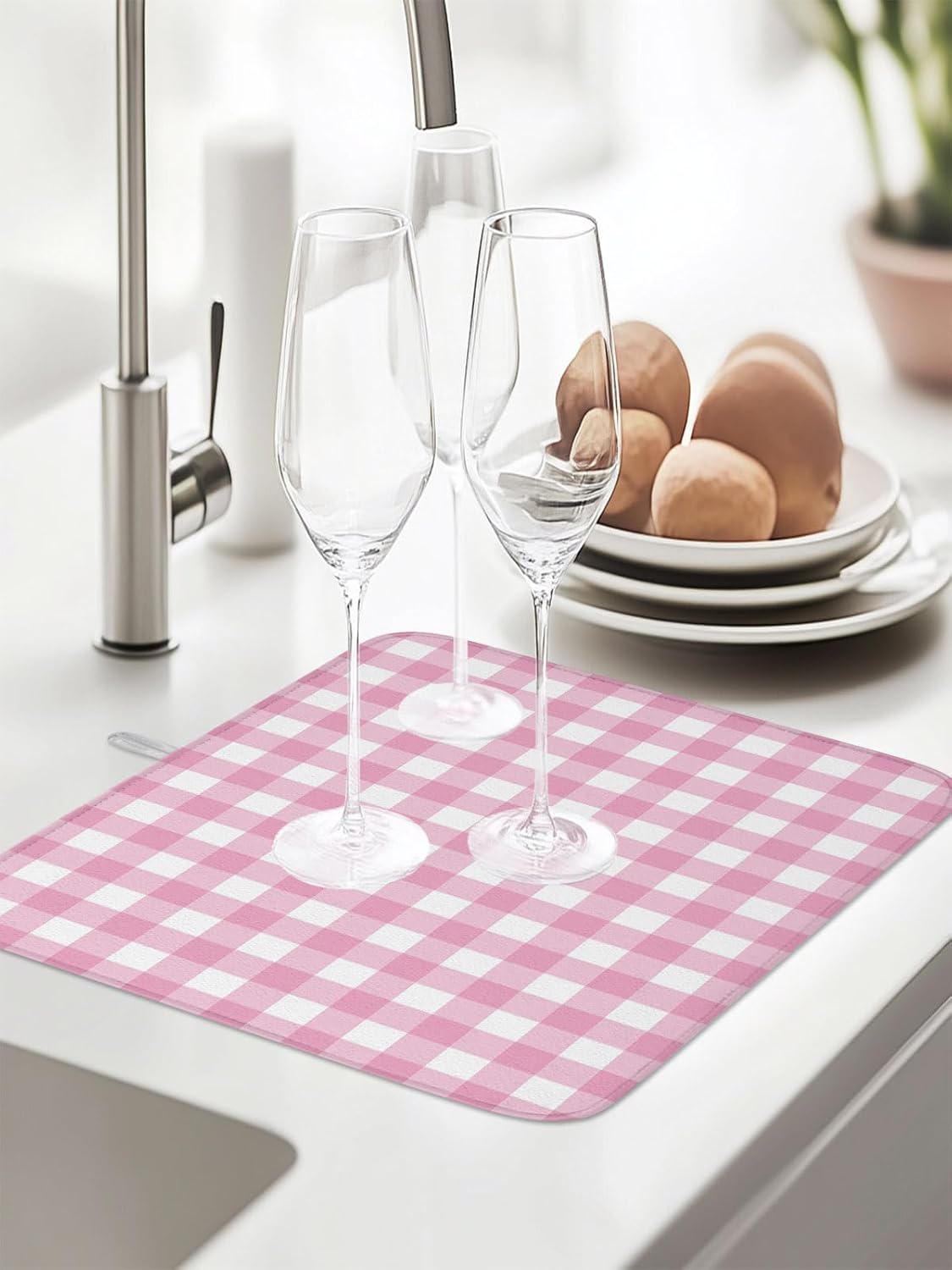 Dish Drying Mat for Kitchen Counter,Minimalist Pink Buffalo Lattice Absorbent Microfiber Drainer Rack Pad Romantic Checker Plaid Quick Dry Mat for Sinks Dishes Utensils 16x18in,1 Pack