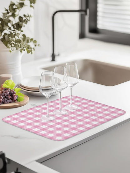 Dish Drying Mat for Kitchen Counter,Minimalist Pink Buffalo Lattice Absorbent Microfiber Drainer Rack Pad Romantic Checker Plaid Quick Dry Mat for Sinks Dishes Utensils 16x18in,1 Pack