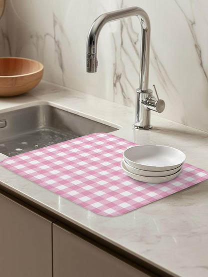 Dish Drying Mat for Kitchen Counter,Minimalist Pink Buffalo Lattice Absorbent Microfiber Drainer Rack Pad Romantic Checker Plaid Quick Dry Mat for Sinks Dishes Utensils 16x18in,1 Pack