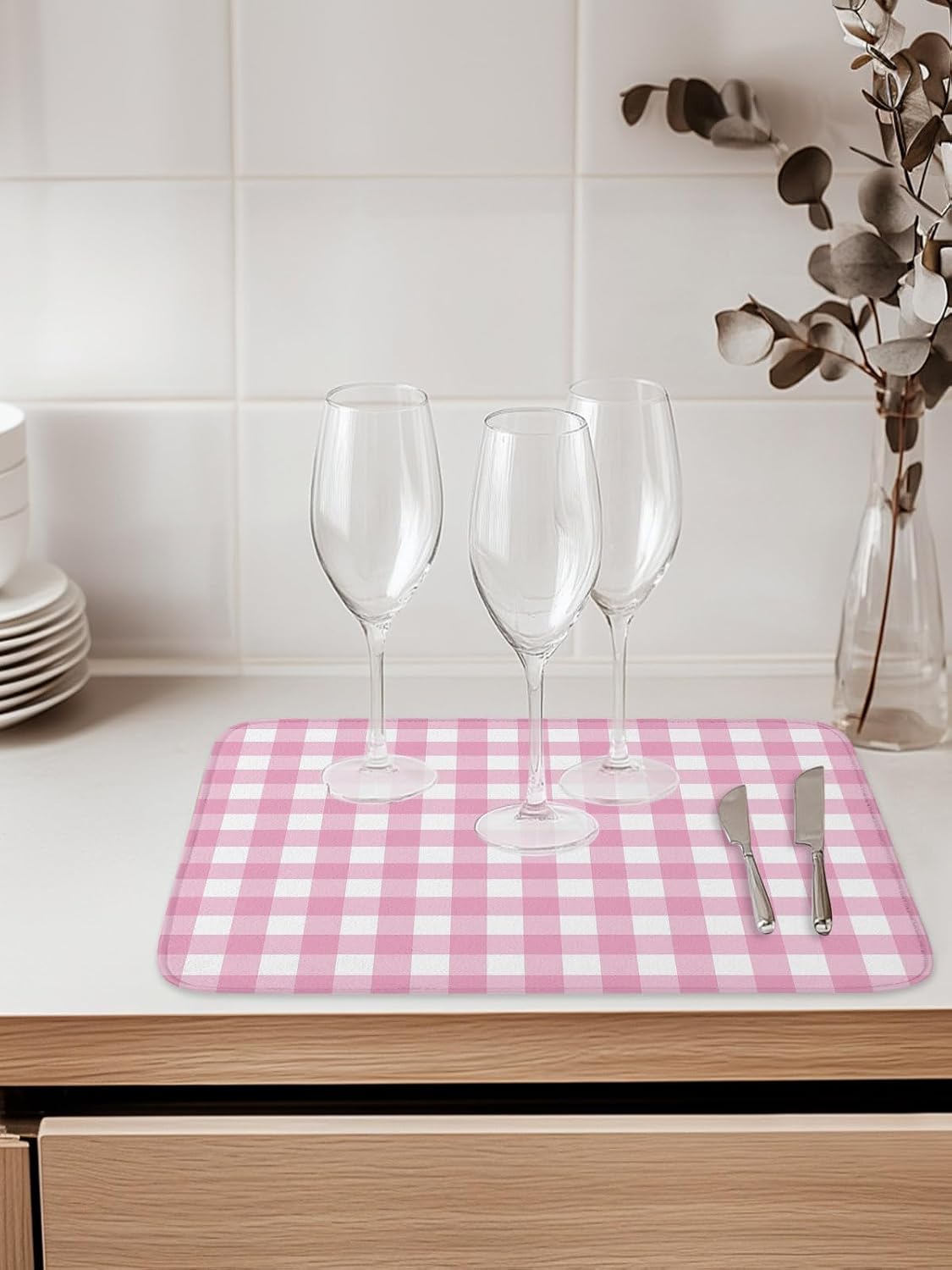Dish Drying Mat for Kitchen Counter,Minimalist Pink Buffalo Lattice Absorbent Microfiber Drainer Rack Pad Romantic Checker Plaid Quick Dry Mat for Sinks Dishes Utensils 16x18in,1 Pack