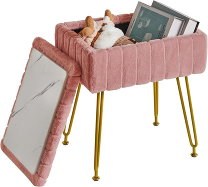 Vanity Stool Chair with Storage, Faux Fur Ottoman, Pink LG-50P