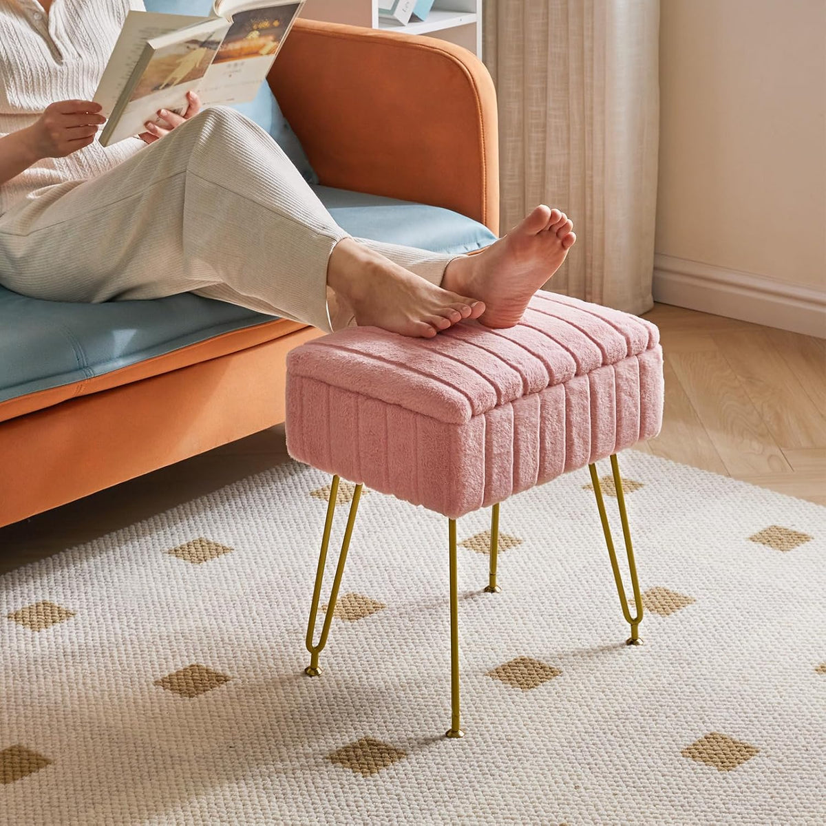 Vanity Stool Chair with Storage, Faux Fur Ottoman, Pink LG-50P